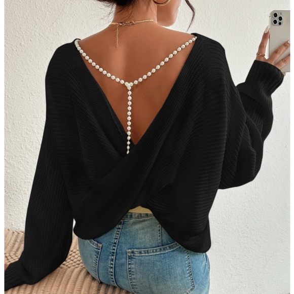Rouge! Sweaters - Black Backless Pearl Detail Oversized Knit Sweater Twisted Back Long Sleeve